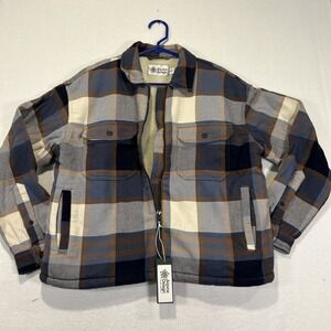 Alpine Design Womens Sherpa Lined Full Zip Plaid Shirt Jacket Blue Tan Medium